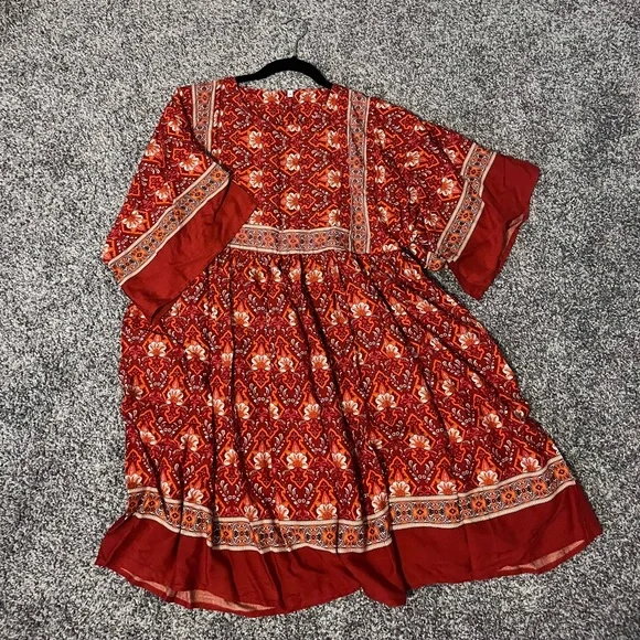 Dresses | Boho Style Vintage Red Floral Mini Dress Lose Fit Batwing Sleeve  Beach Dress | Poshmark